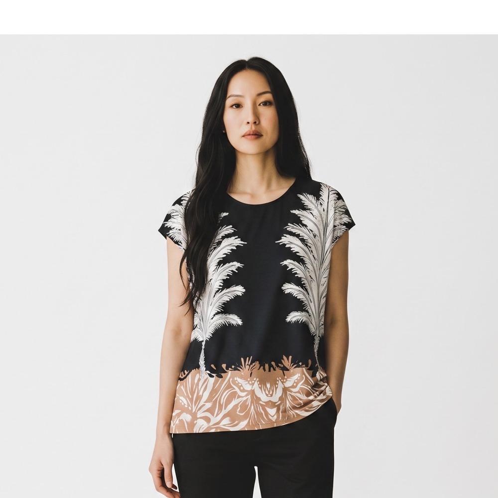 Vince Camuto MSRP $59 Black Tropical Palm Print Cap Sleeve Tie Back Blouse Top S